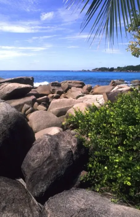 Framed Print : Beautiful rocks and ocean in the beautiful village of La Digue in the Seychelles