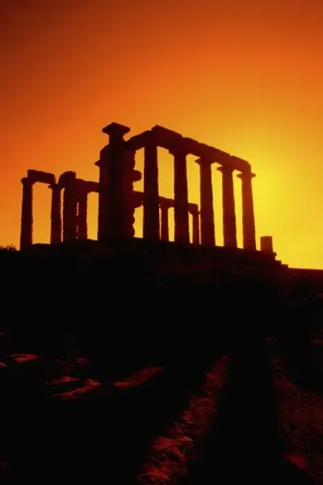 Framed Print : Beautiful ruins on cliff in Cape Sounion Poseidon Greece with orange sunset