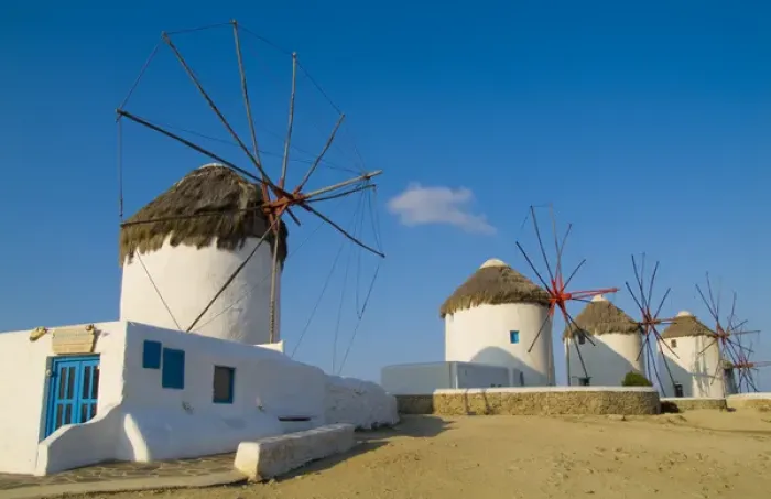 Framed Print : Beautiful scenic color of white famous windmills on beach of beautiful island of