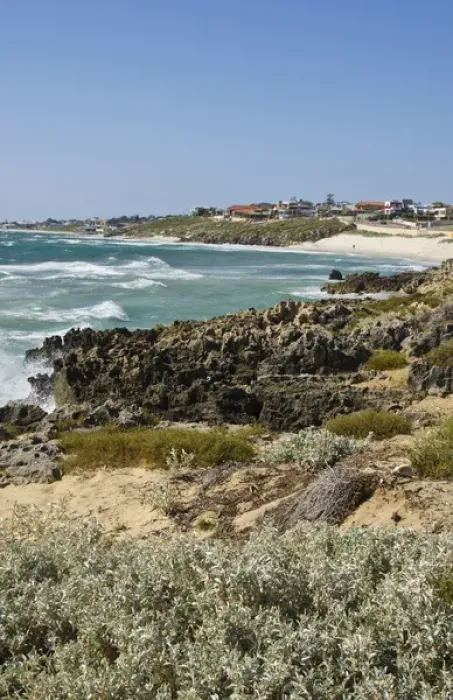 Framed Print : Beautiful shoreline and rocks with waves in North Beach area of Perth in Western