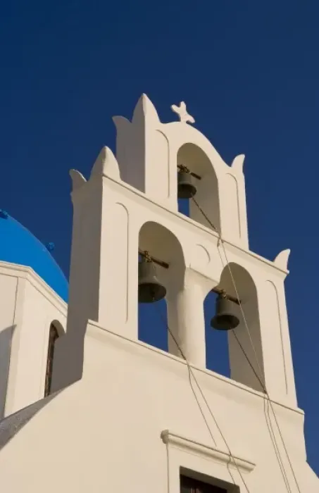 Framed Print : Beautiful village of Oia with a bell tower in front of the church, Santorini