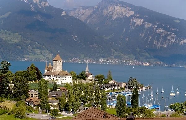 Beautiful village of Spiez on Lake Thun in Swiss Alps near Interlaken with church steeple