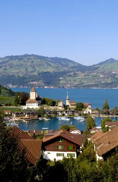 Framed Print : Beautiful village of Spiez on Lake Thun in Swiss Alps near Interlaken with church steeple Framed Print : Beautiful village of Spiez on Lake Thun in Swiss Alps near Interlaken with church steeple