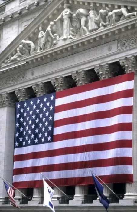 Framed Print : The beauty of the front of the New York Stock Exchange NYSE building with giant USA Framed Print : The beauty of the front of the New York Stock Exchange NYSE building with giant USA