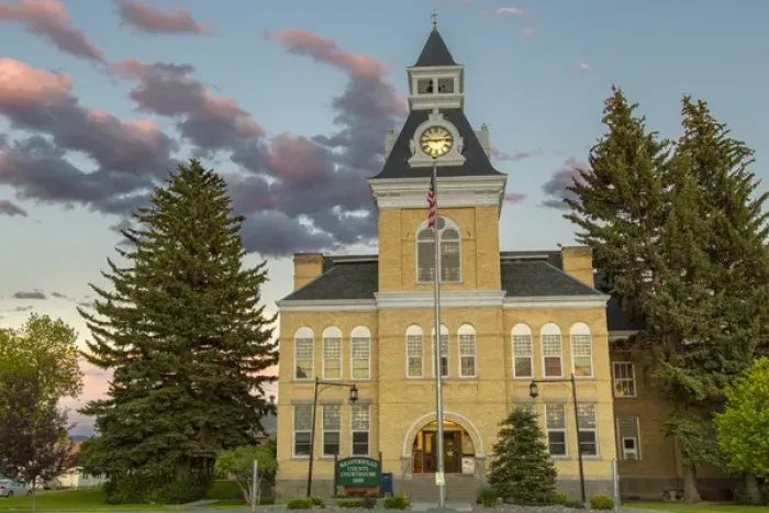 Framed Print : The Beaverhead County Courthouse at dusk in downtwon Dillon, Montana, USA