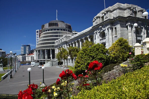 The Beehive and Parliament House, Wellington, North Island, New Zealand