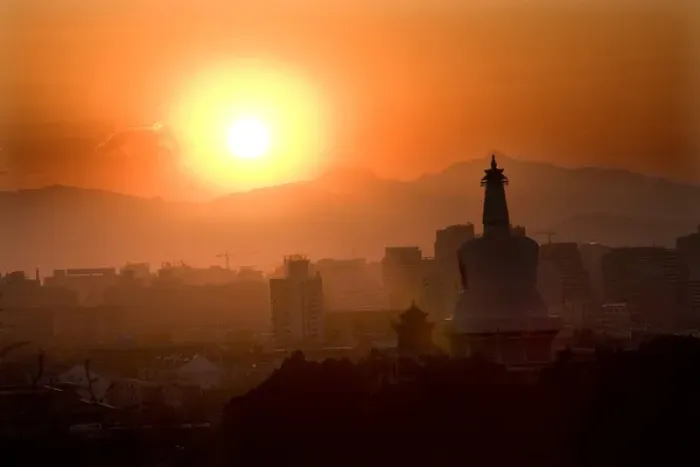 Framed Print : Beihai Stupa with Sunset and Mountains in Background, taken from Jinshang Park, Beijing