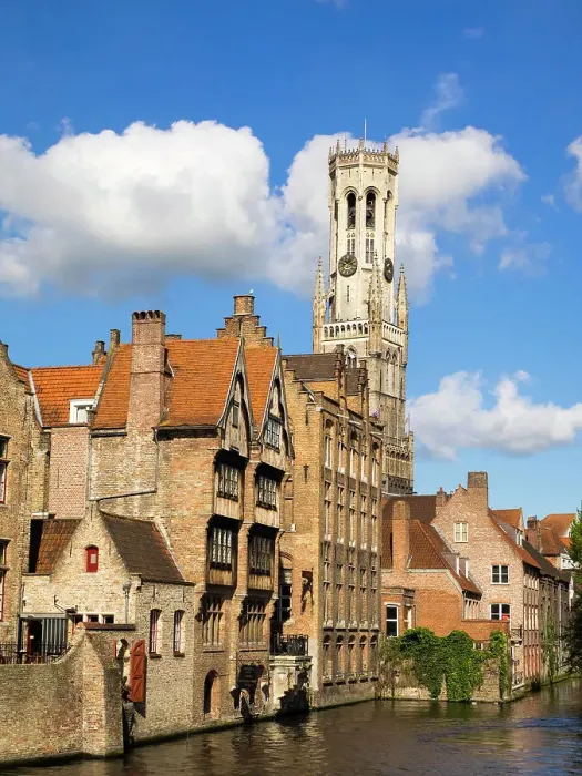 Framed Print : Belgium, Bruges. Belfry of Bruges towers over the buildings at the junction of the Groenerei and Dijver canals Framed Print : Belgium, Bruges. Belfry of Bruges towers over the buildings at the junction of the Groenerei and Dijver canals