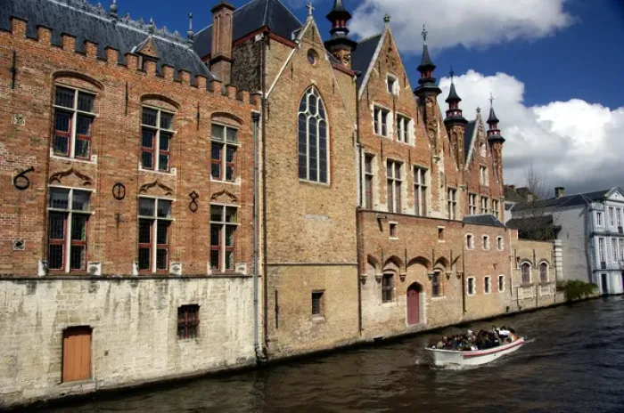Framed Print : Belgium, Brugge (aka Brug or Bruge). Typical medieval architecture along the canals of Brugge