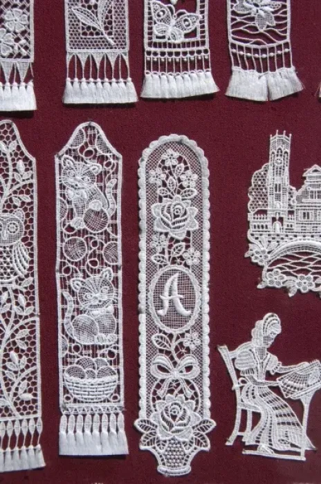 Framed Print : Belgium, Brugge (aka Brug or Bruge). World famous Belgium lace, handmade bookmarks