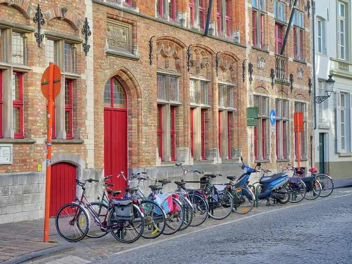 Framed Print : Belgium, Brugge. Bicycles parked along the street Framed Print : Belgium, Brugge. Bicycles parked along the street