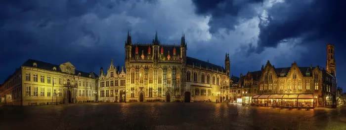 Framed Print : Belgium, Brugge. Panoramic of medieval architecture and square at night Framed Print : Belgium, Brugge. Panoramic of medieval architecture and square at night