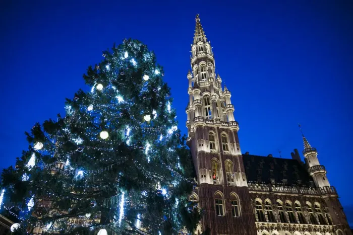 Framed Print : Belgium, Brussels, Grand Place, Hotel de ville, evening illumination with Christmas tree Framed Print : Belgium, Brussels, Grand Place, Hotel de ville, evening illumination with Christmas tree