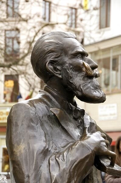 Belgium, Brussels. Market Place Square. Bronze statue of former mayor