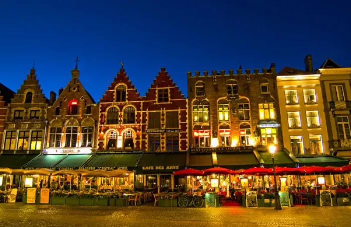 Framed Print : Belgium night photo of colorful cafes in Marketplace in downtown Bruges Belgium Framed Print : Belgium night photo of colorful cafes in Marketplace in downtown Bruges Belgium