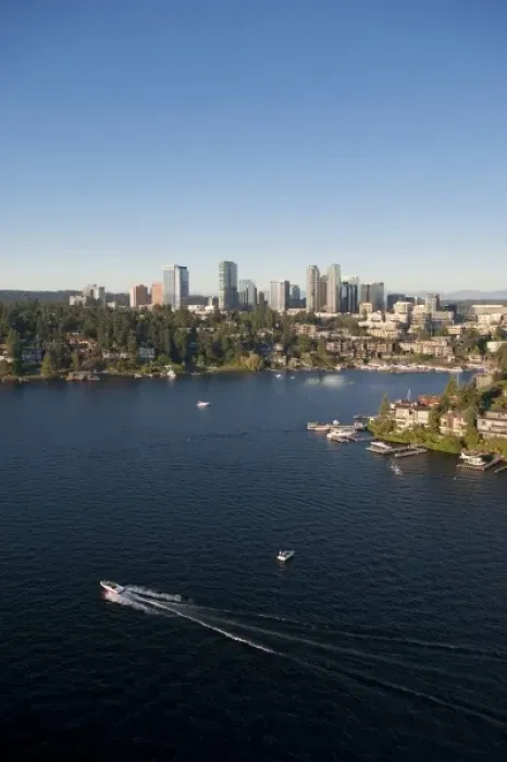 Framed Print : Bellevue, Washington, aerial view a wealthy neighborhood along the shoreline of Lake Washington Framed Print : Bellevue, Washington, aerial view a wealthy neighborhood along the shoreline of Lake Washington