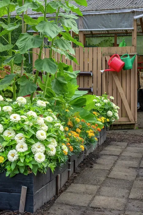 Framed Print : Bellevue, Washington State, USA. Dahlias, marigolds and sunflowers growing in a raised bed