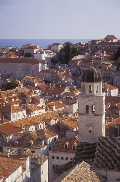 Belltower of the Fransciscan Monastery and tiled roofs of Old Town Dubrovnik, Croatia