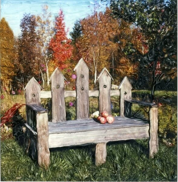 Bench with apples on fall day. Polaroid SX70 Manipulation