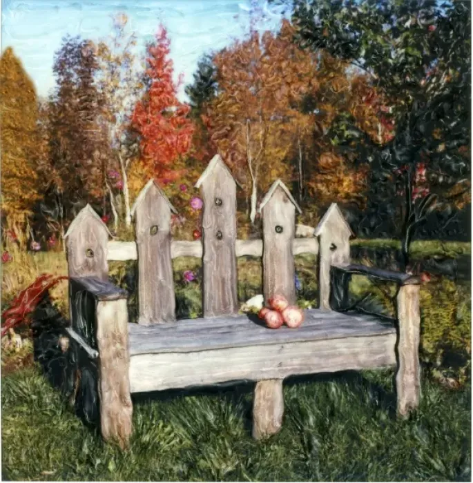 Framed Print : Bench with apples on fall day. Polaroid SX70 Manipulation Framed Print : Bench with apples on fall day. Polaroid SX70 Manipulation