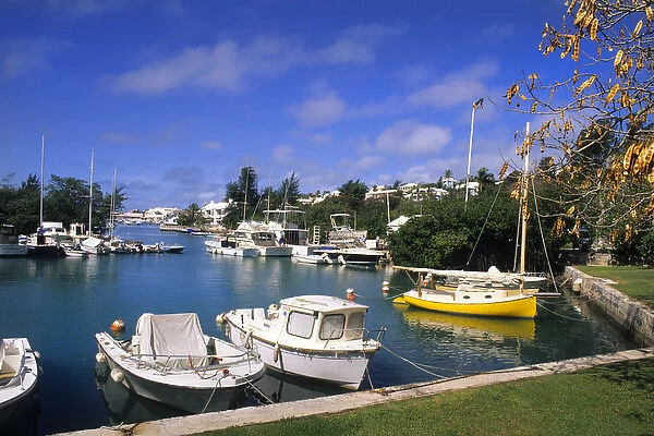 Bermuda Colorful Crow Lane Park with boats in water at harbour in Hamilton Bermuda