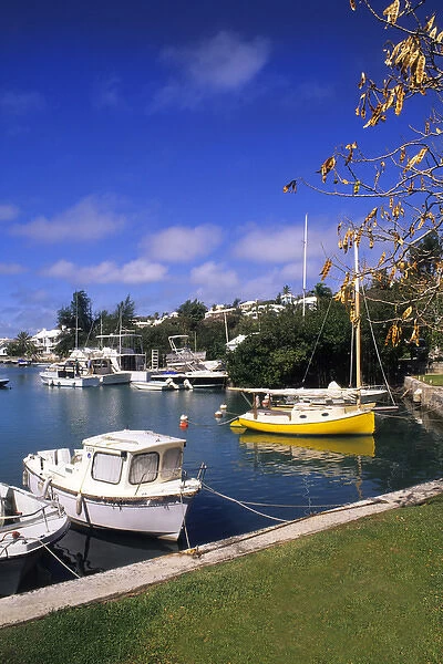 Bermuda Colorful Crow Lane Park with boats in water at harbour in Hamilton Bermuda
