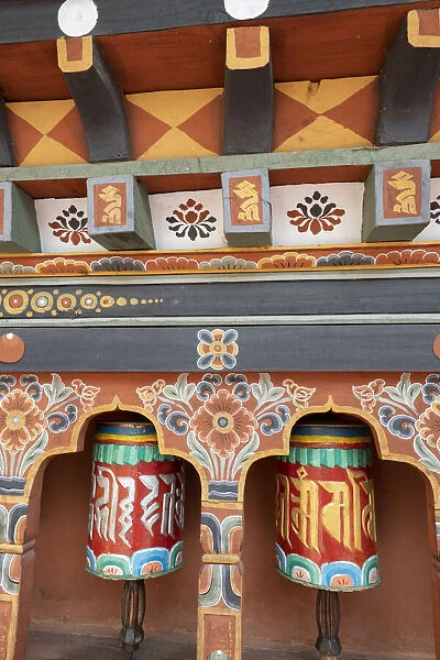 Bhutan. Colorful prayer wheels