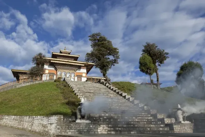 Framed Print : Bhutan, Dochu La, Incense burns at base of stairs to Druk Wangyal Lhakhang Temple
