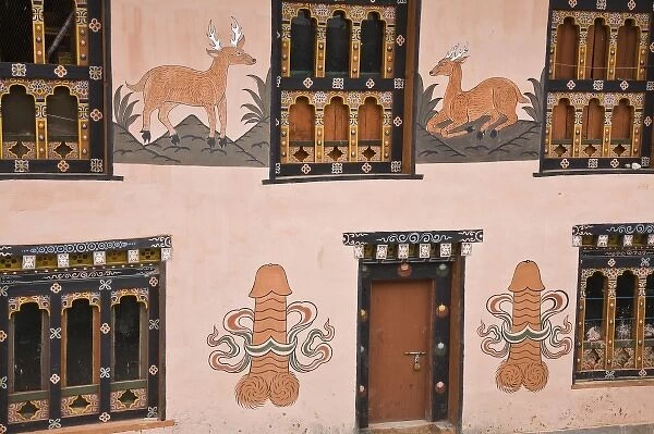 Bhutan. Houses are typically painted with penises and animals for protection from negative things