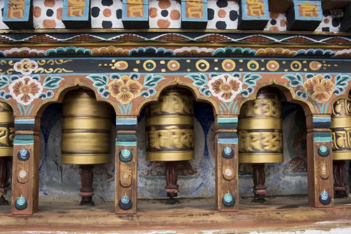 Framed Print : Bhutan, Paro, capital of Paro District aka Dzongkhag. Traditional prayer wheels