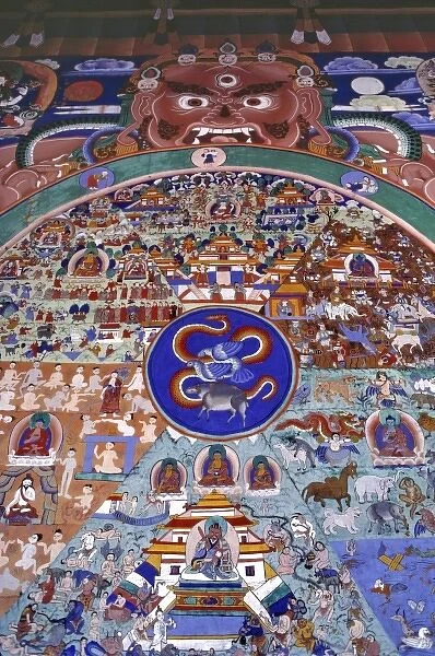 Bhutan, Punaka. A Wheel of Life painting covers a wall at Punaka Dzong in Bhutan