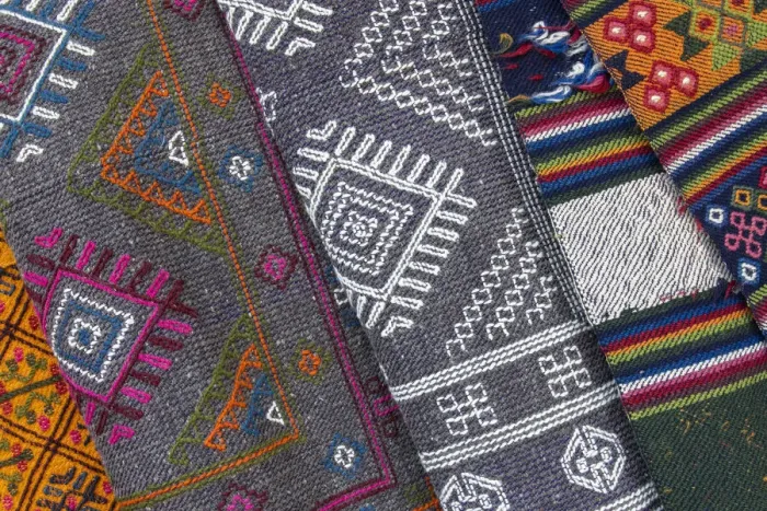 Framed Print : Bhutan, Thimphu. Traditional Bhutanese hand woven textiles, wool