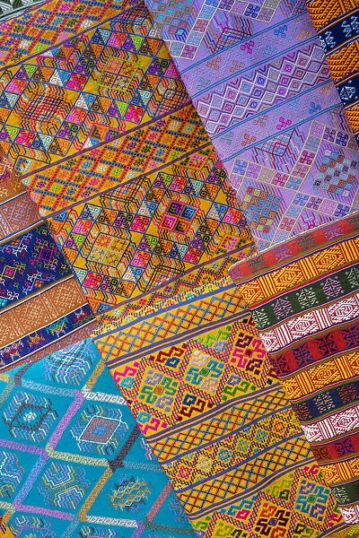 Bhutan, Thimphu. Traditional colorful and ornate hand woven textiles
