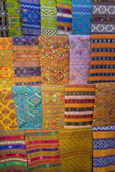 Bhutan, Thimphu. Traditional colorful and ornate hand woven textiles