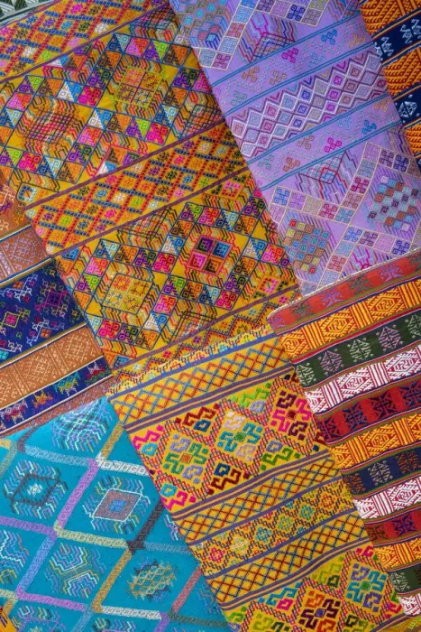 Framed Print : Bhutan, Thimphu. Traditional colorful and ornate hand woven textiles