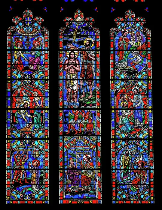 Framed Print : Bible stories stained glass, Washington National Cathedral, Washington DC. Construction started 1907. (Editorial Use Only)