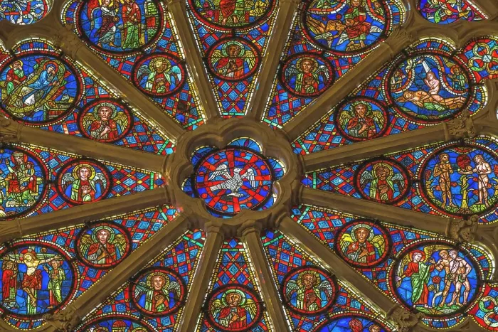 Framed Print : Biblical stories stained glass rose window, Lyon Cathedral, France. Cathedral begun in 1180 and finished in 1480 Framed Print : Biblical stories stained glass rose window, Lyon Cathedral, France. Cathedral begun in 1180 and finished in 1480
