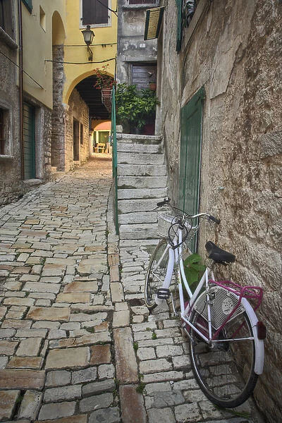 Bicycle and colorful cobblestone alleyway framed by arch, Rovigno, Croatia