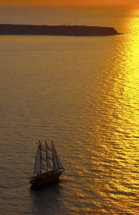 Framed Print : Big masked sailboat sailing in sunset of beautiful Oia in Santorini Greece in Greek Framed Print : Big masked sailboat sailing in sunset of beautiful Oia in Santorini Greece in Greek
