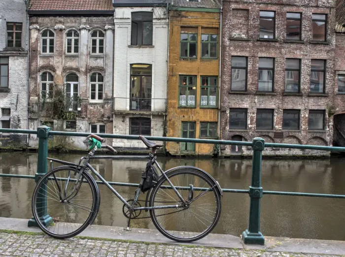 Framed Print : Bike along rail in the historic medieval city of Ghent Framed Print : Bike along rail in the historic medieval city of Ghent