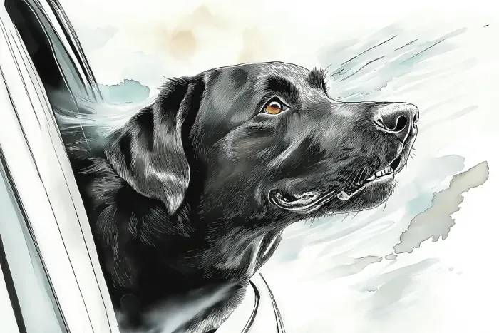 Framed Print : Black lab dog riding with head out car window. (AI Generated) Framed Print : Black lab dog riding with head out car window. (AI Generated)
