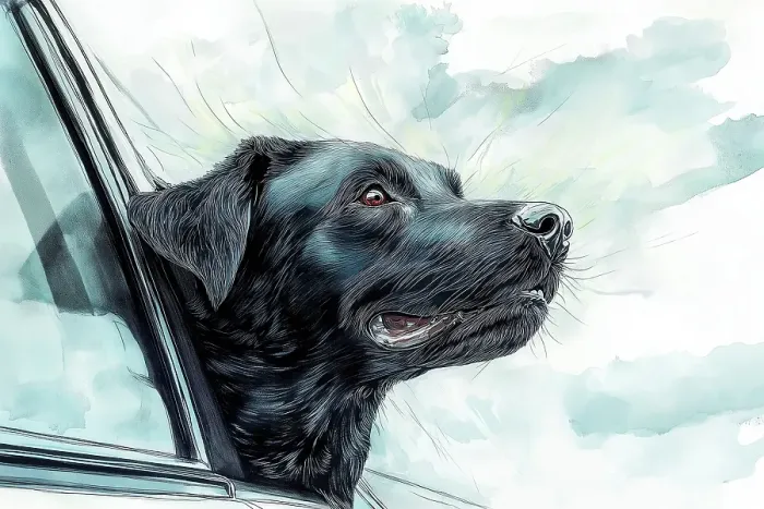 Framed Print : Black lab dog riding with head out car window. (AI Generated) Framed Print : Black lab dog riding with head out car window. (AI Generated)