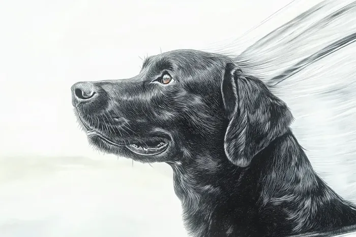 Framed Print : Black lab dog riding with head out car window. (AI Generated)