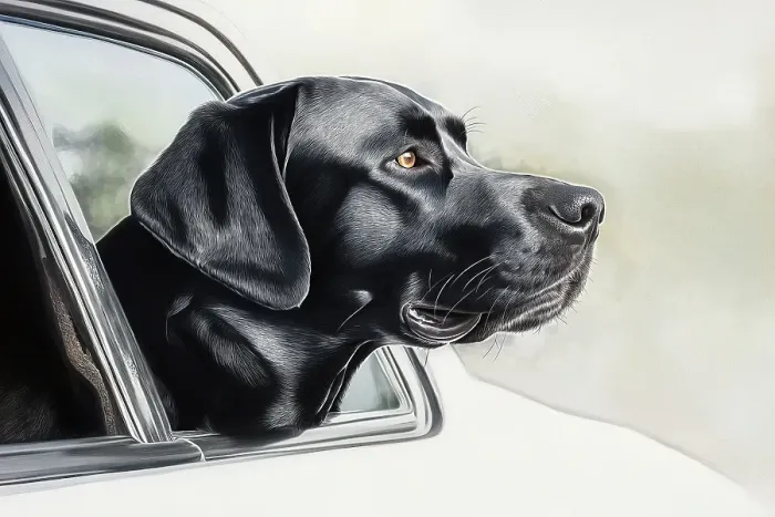 Framed Print : Black lab riding with head out car window. (AI Generated) Framed Print : Black lab riding with head out car window. (AI Generated)