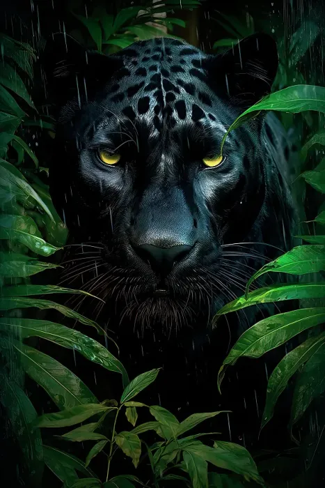 Framed Print : Black leopard face in a rainy jungle foliage. DanitaDelimont.com (AI)