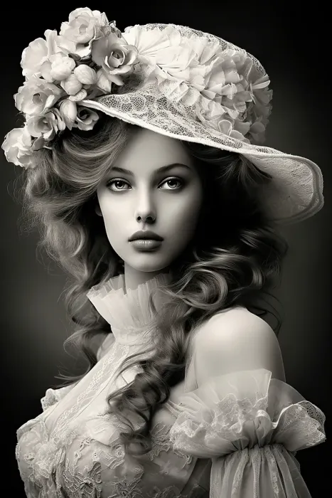 Framed Print : Black and white of 1890's female fashion model in hat and white lace. ©Jim Zuckerman  /  Jaynes Gallery  /  DanitaDelimont.com (AI)