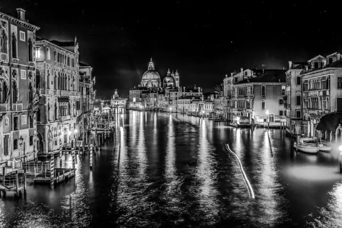 Framed Print : Black and white Grand Canal and Santa Maria della Salute church at night with reflection
