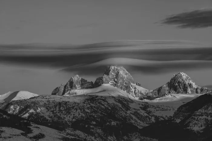 Framed Print : Black and white of Grand Teton, Middle Teton and Mount Owen with cirrus cloud seen