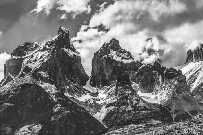 Framed Print : Black and white Paine Horns three granite peaks, Torres del Paine National Park