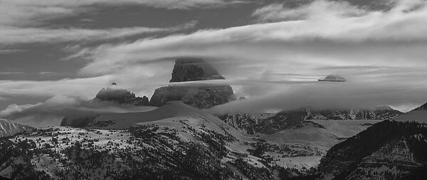 Black and white panoramic of Grand Teton, Middle Teton and Mount Owen seen from the west